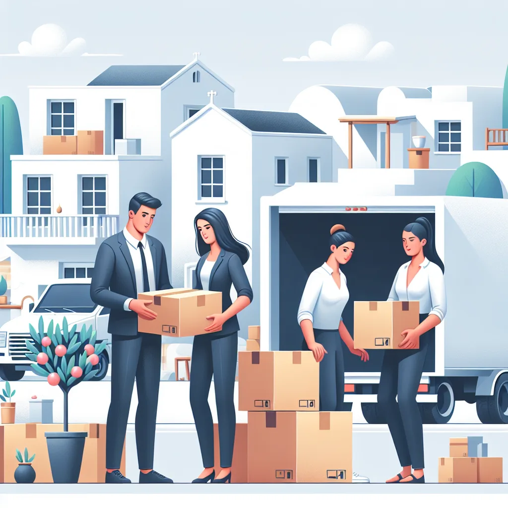 Illustration: A professional moving team carefully packing household items into boxes, with a modern moving truck