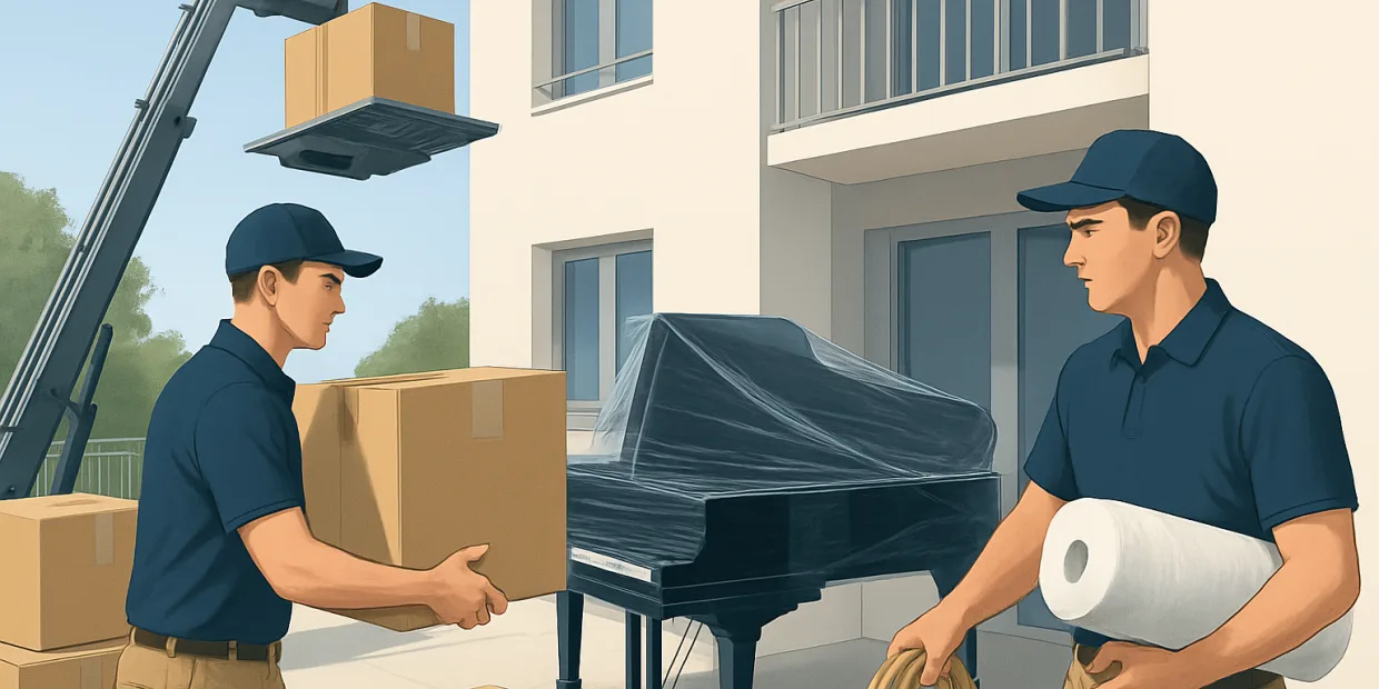 Illustration: Επιμελημένη φωτορεαλιστική εικονογράφηση editorial: συνεργείο μετακόμισης φορτώνει καλά προστατευμέν