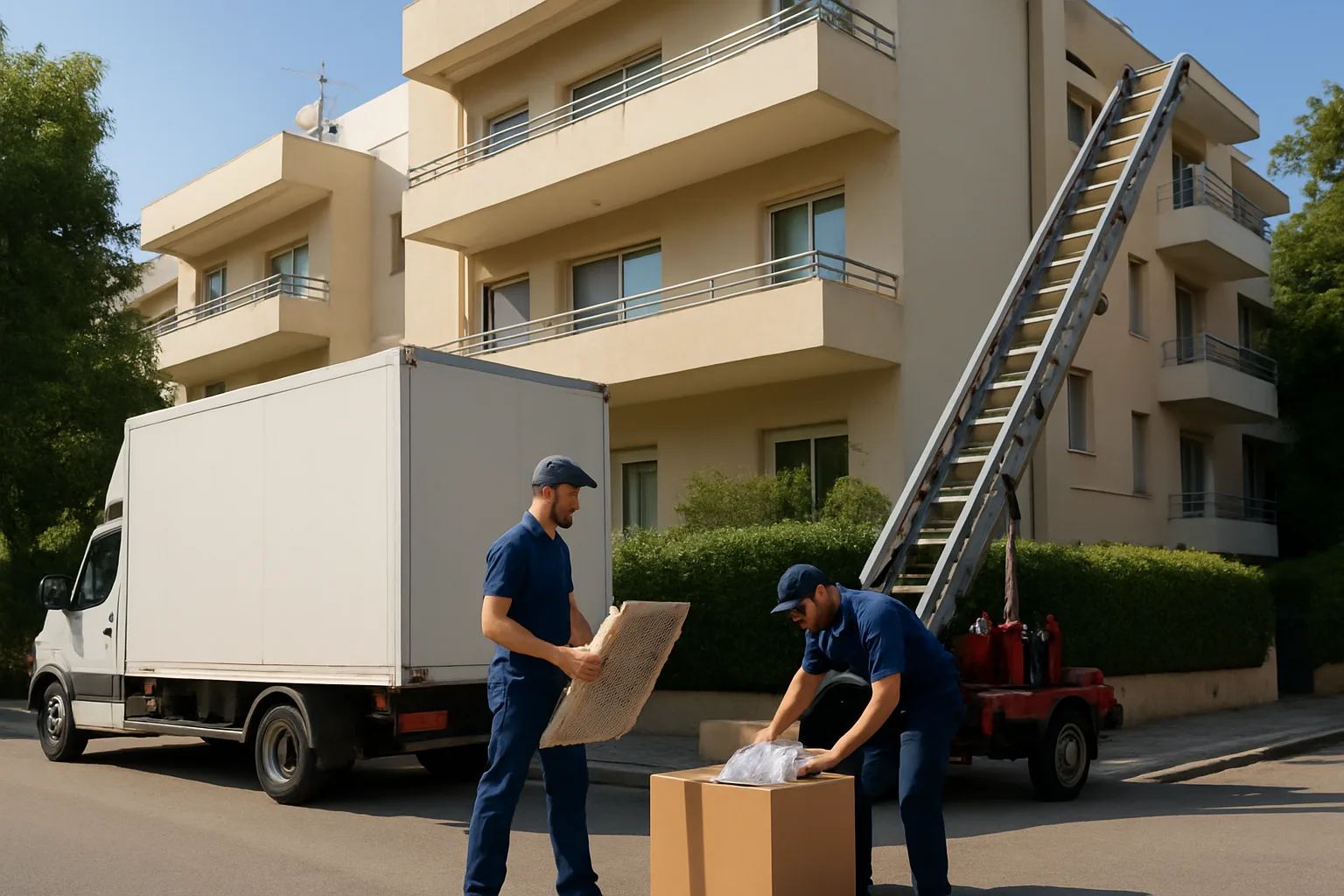 Επαγγελματική σκηνή μετακόμισης σε νότια προάστια: φορτηγό με κλειστό κιβώτιο και δορυφορική κεραία σταθμευμένο μπροστά σε πολυκατοικία με μπαλκόνια, εξειδικευμένο προσωπικό που συσκευάζει πίνακα με φυσαλίδα και ειδικό ανυψωτικό μηχάνημα…